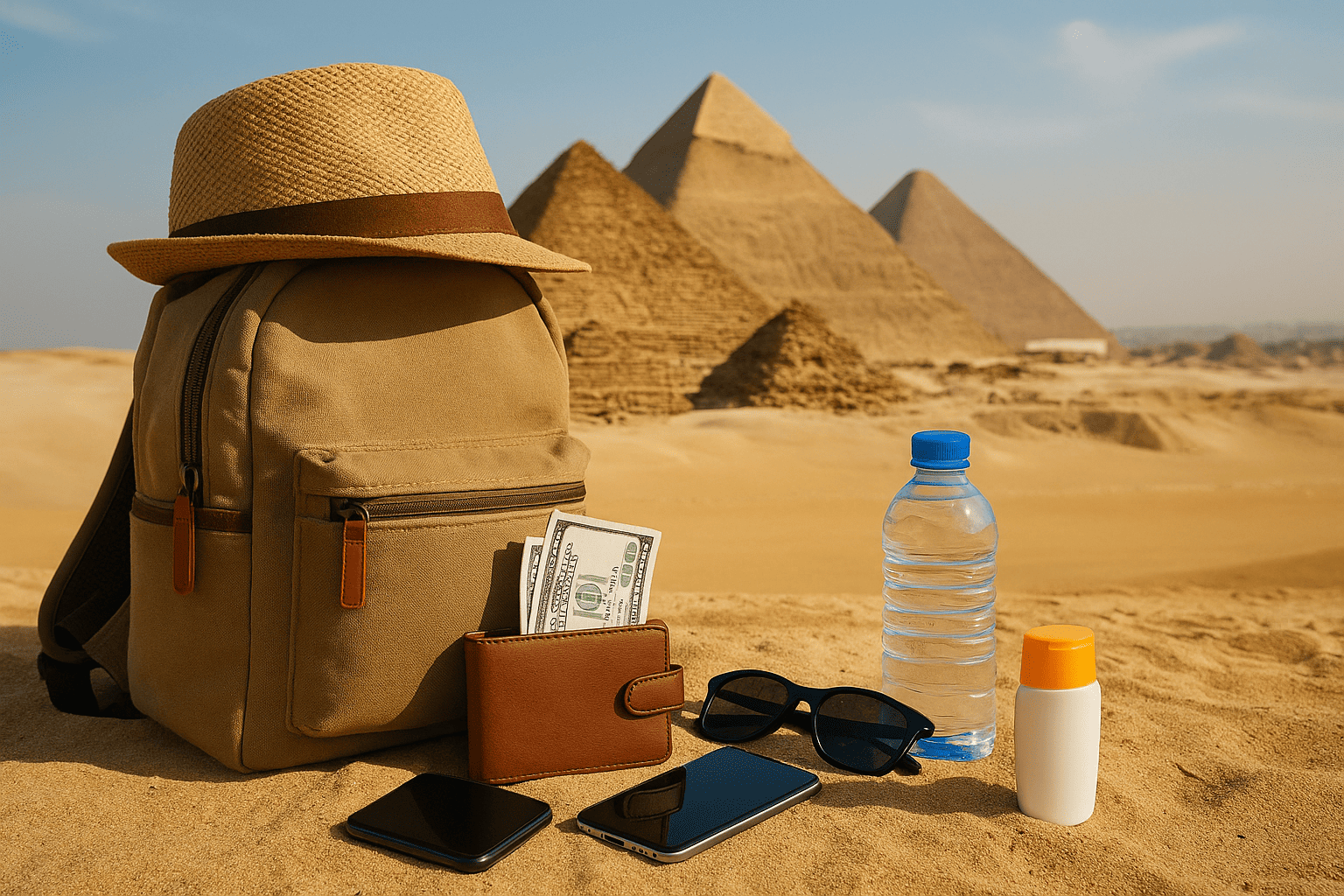 alt="Essential items for a Cairo tour from Hurghada — water, hat, wallet, camera and backpack with the Giza Pyramids in the background"