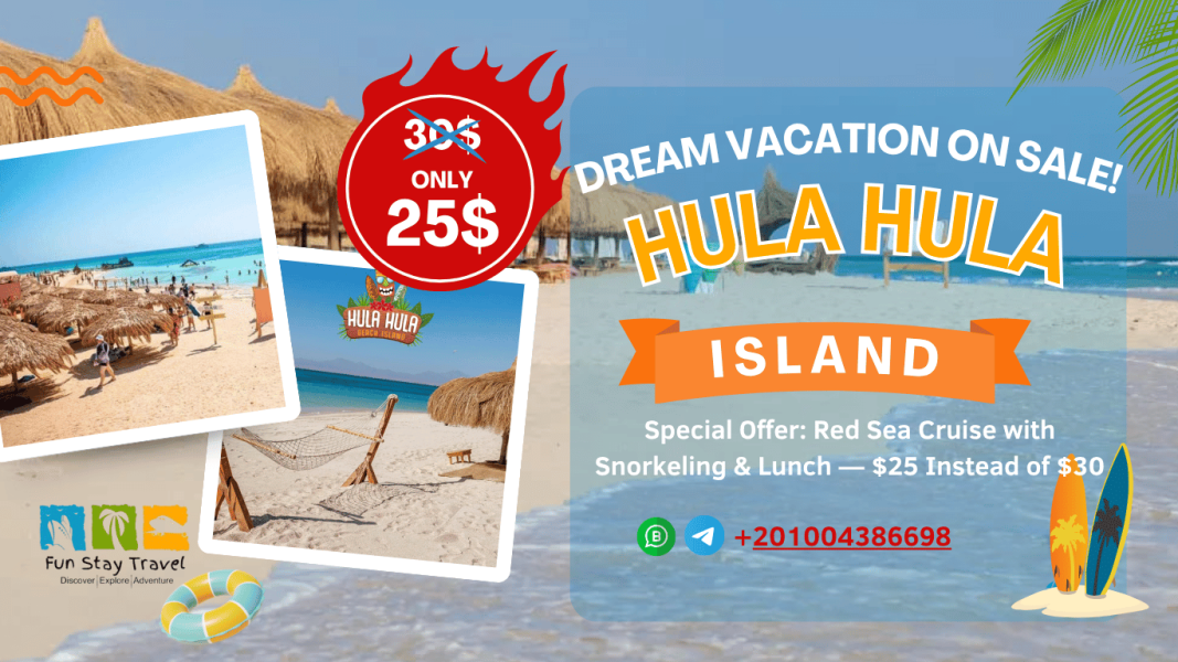 alt="Hula Hula Island excursion in Hurghada — Red Sea boat trip and beach day"